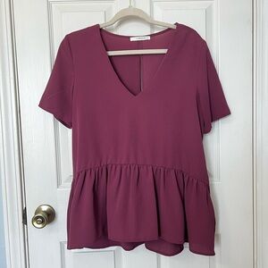 Caramela V-Neck Peplum Open-back Flowy Top - Purple Mauve Size Large